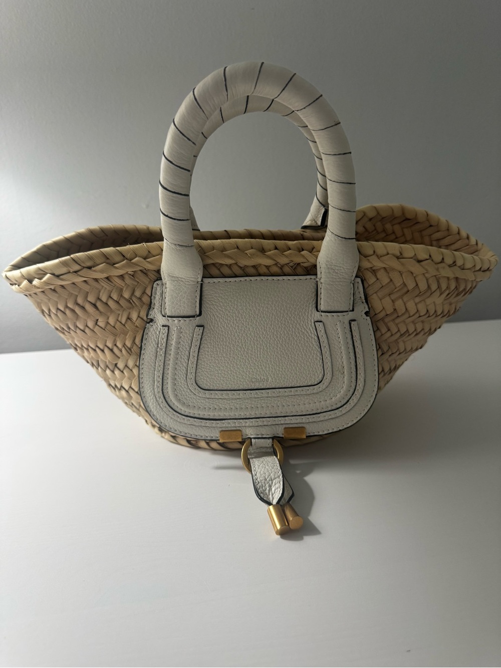Chloe Marcie Woven Straw Tote with White Leather Accent